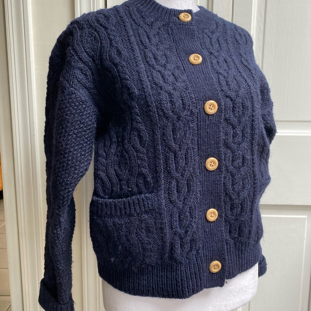 Uniqlo x Ines DeLaFressange Elegant Navy Cbl Knit Cardigan Woodenlike buttons